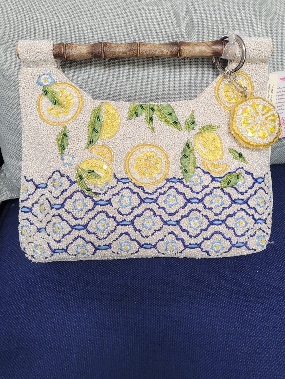 New Beaded Lemon Embroidered Handbag with Bamboo Handle
